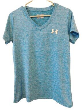 Under Armour HeatGear Womens Small Aqua Blue V Neck Loose Fit Athletic Shirt